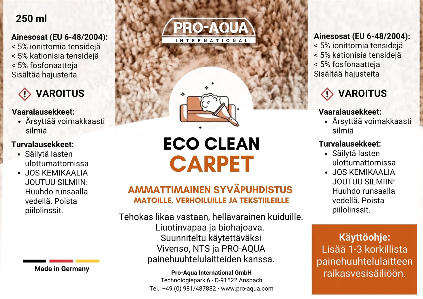Mattojen, verhoilujen ja tekstiilien puhdistusaine Eco Clean Carpet etiketti suomen kielellä