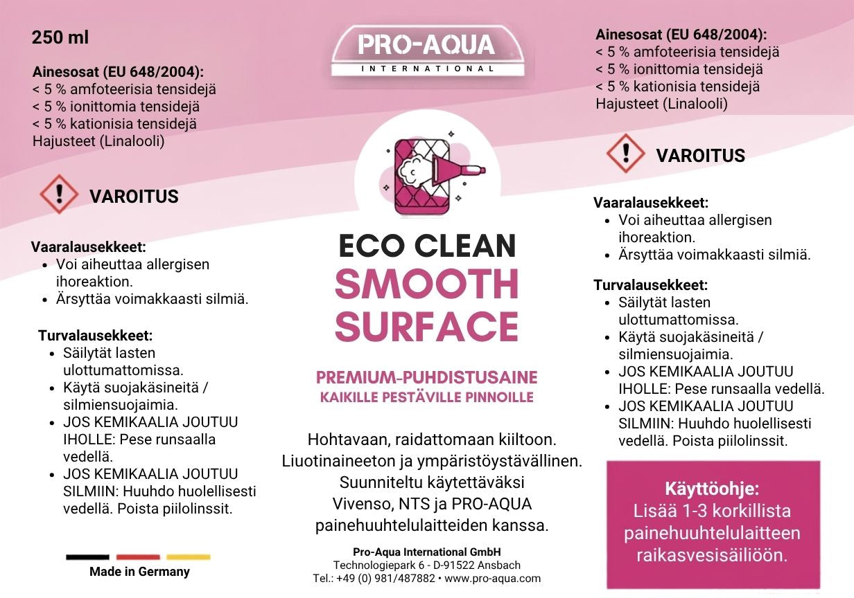 Sileiden pintojen puhdistusaine Eco Clean Smooth Surface etiketti suomen kielellä
