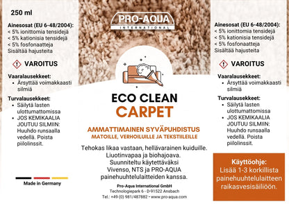 Mattojen, verhoilujen ja tekstiilien  puhdistusaine Eco Clean Carpet etiketti suomen kielellä