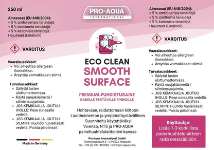Sileiden pintojen puhdistusaine Eco Clean Smooth Surface etiketti suomen kielellä